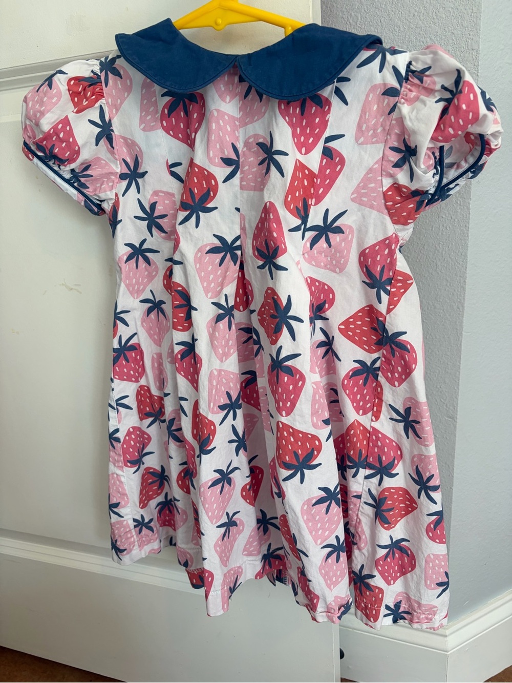 Girls Strawberry Print Cotton Dress with Navy Peter Pan Collar